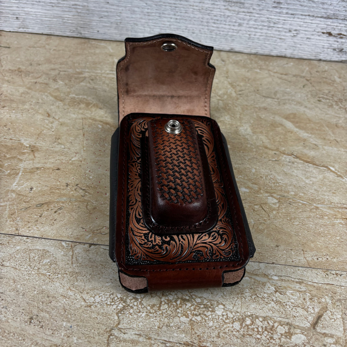 LONGHORN LEATHER HOLSTER 7" PHONE POUCH WITH KNIFE HOLDER FRONT EXTRA LARGE  BELT LOOP CELL PHONE CASE UNIVERSAL OVERSIZE MEXICO MADE #EH13806