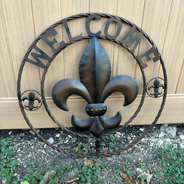 24" WELCOME FLEUR DE LIS METAL WALL ART WESTERN HOME DECOR BROWN NEW #EH11997