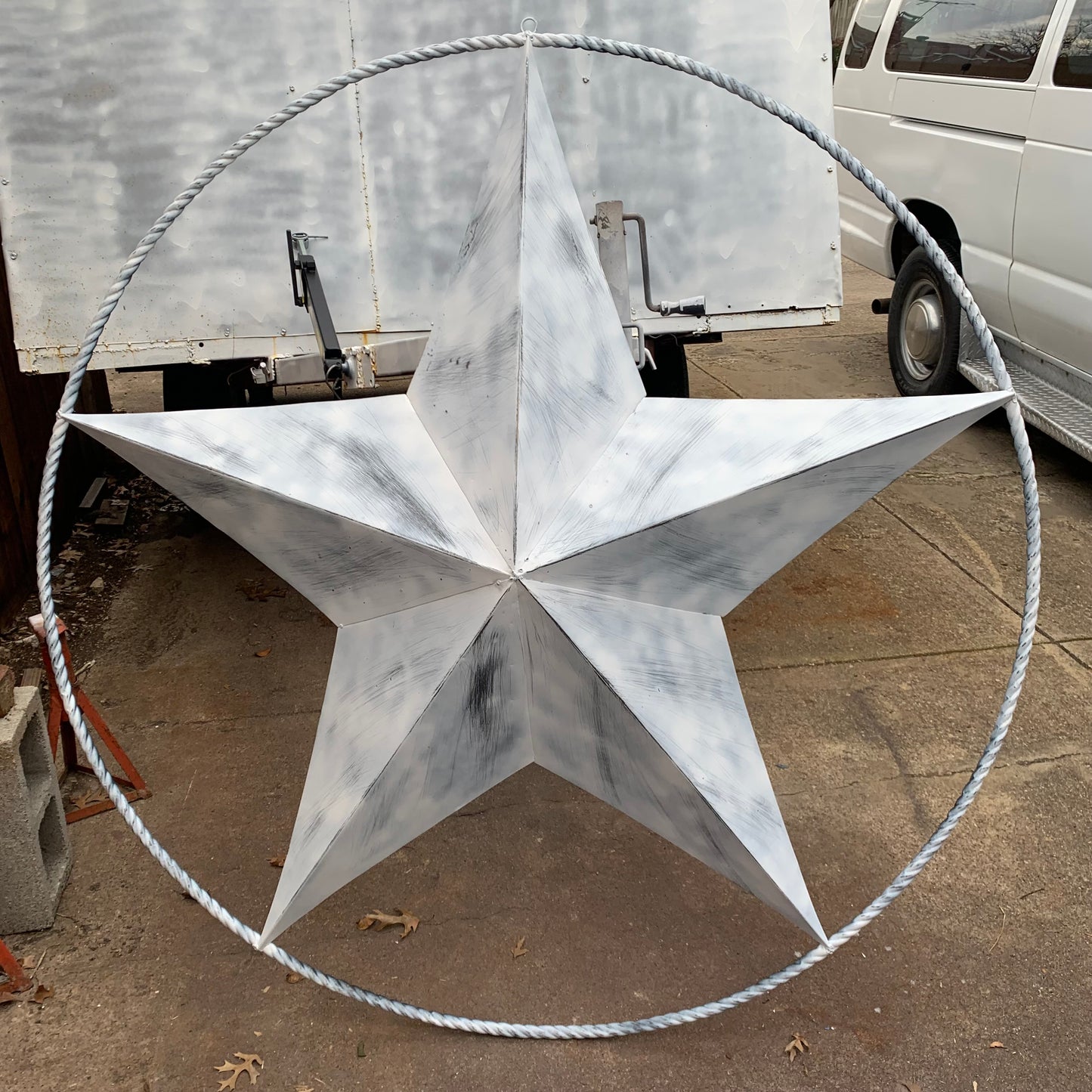 5 FOOT WHITE DISTRESSED STAR TWO TONE TEXTURE BARN STAR METAL LONESTAR TWISTED ROPE RING WESTERN HOME DECOR HANDMADE NEW