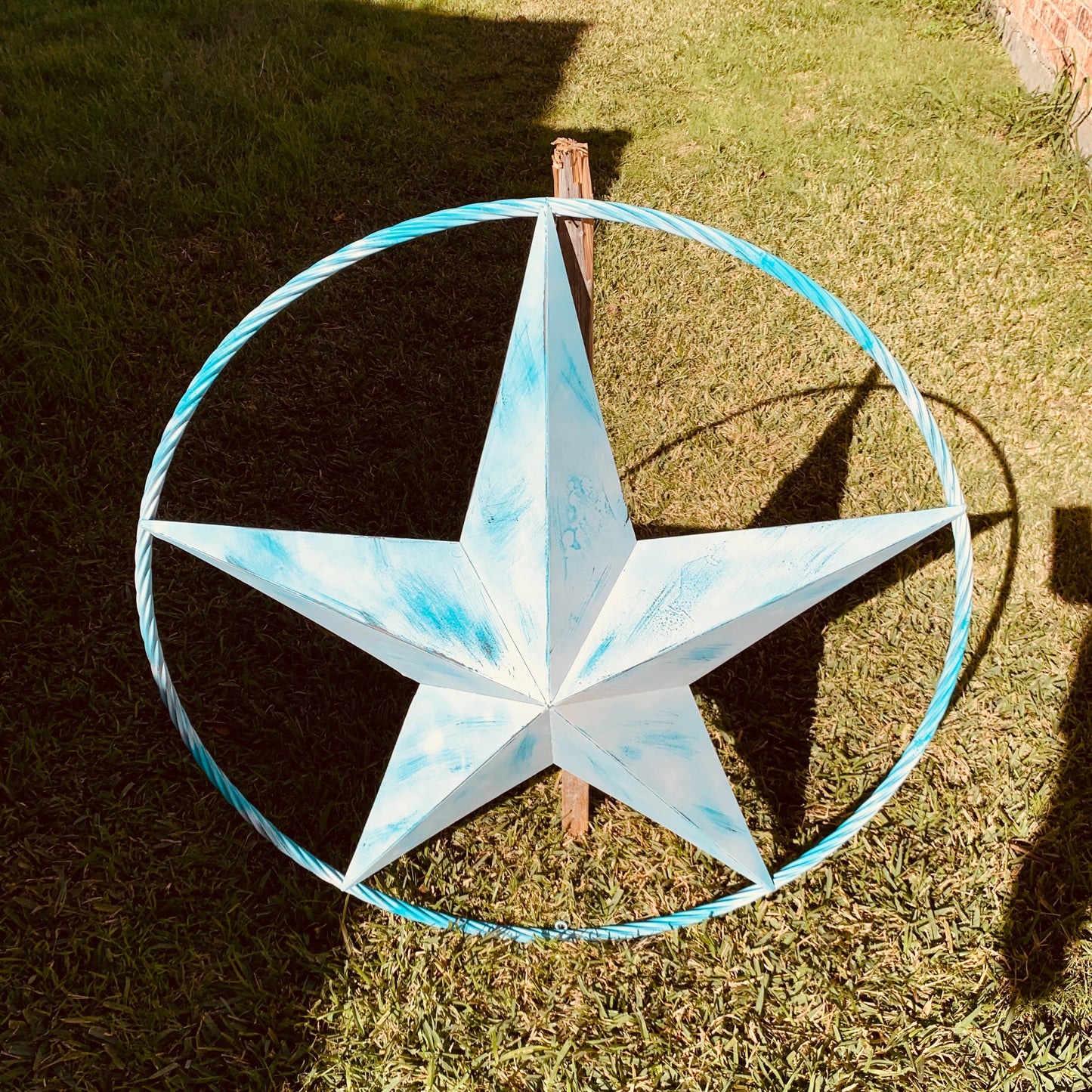 #EH11219 TURQUOISE WHITE DISTRESSED STAR TWO TONE TEXTURE BARN STAR METAL LONESTAR TWISTED ROPE RING WESTERN HOME DECOR HANDMADE NEW