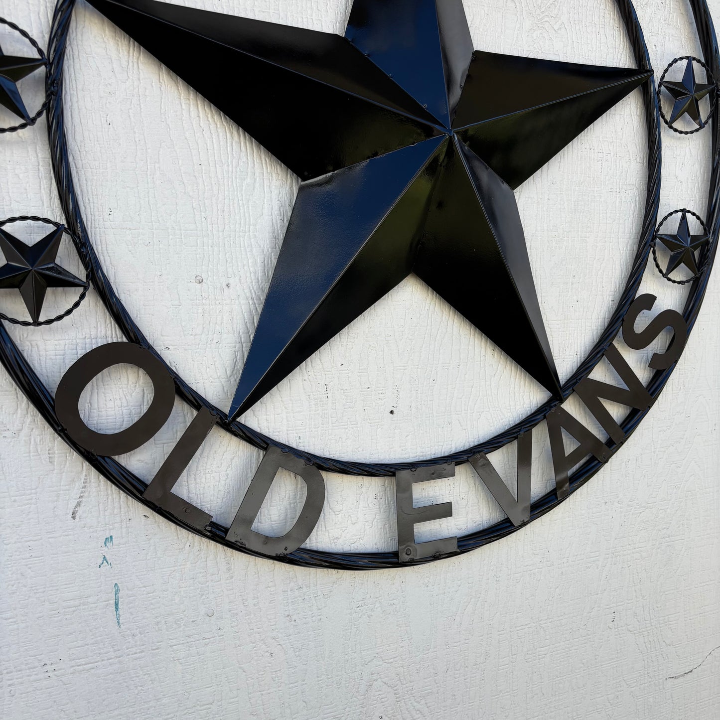 360 OLD EVANS STYLE CUSTOM STAR NAME BARN METAL STAR 3d TWISTED ROPE RING WESTERN HOME DECOR RUSTIC BLACK HANDMADE 24",32",36",50"
