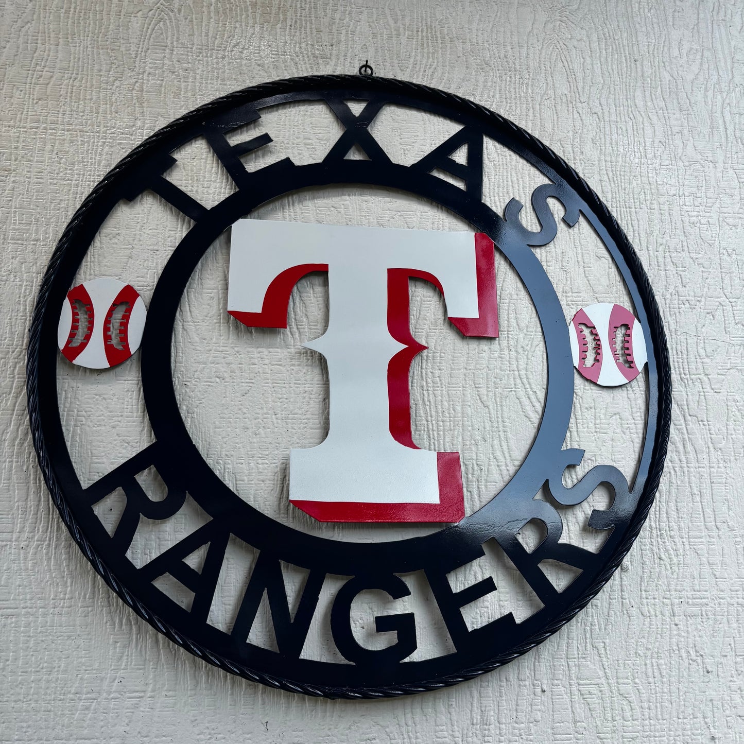 TEXAS RANGERS CUSTOM METAL VINTAGE CRAFT TEAM SIGN WHITE & RED & NAVY BLUE RING HANDMADE