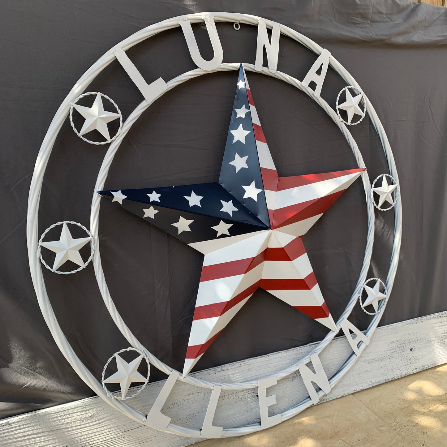 LUNA STYLE CUSTOM NAME BARN STAR METAL STAR 3d TWISTED ROPE RING WESTERN HOME DECOR USA FLAG STAR RED WHOTE & BLUE WITH WHITE RING HANDMADE 24",32",36",50"