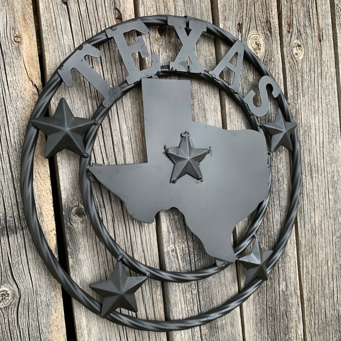 12" STATE OF TEXAS MAP RUSTIC BLACK TWISTED RING METAL SIGN WESTERN HOME DECOR HANDMADE NEW