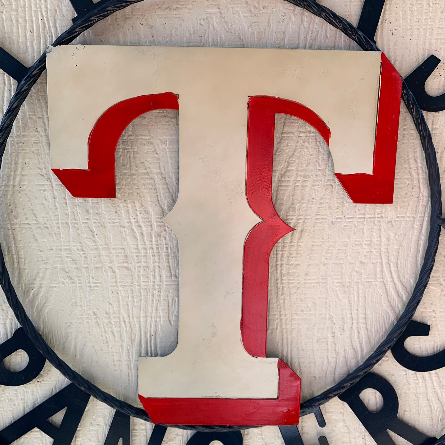 12", 18", 24", 32" TEXAS RANGERS BARN CUSTOM METAL VINTAGE CRAFT SIGN TEAM  WHITE & RED & NAVY BLUE RING & STAR HANDMADE
