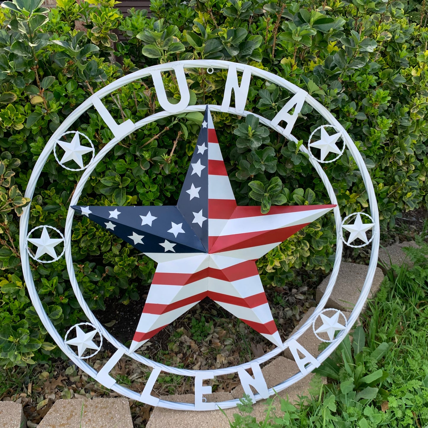 LUNA STYLE CUSTOM NAME BARN STAR METAL STAR 3d TWISTED ROPE RING WESTERN HOME DECOR USA FLAG STAR RED WHOTE & BLUE WITH WHITE RING HANDMADE 24",32",36",50"