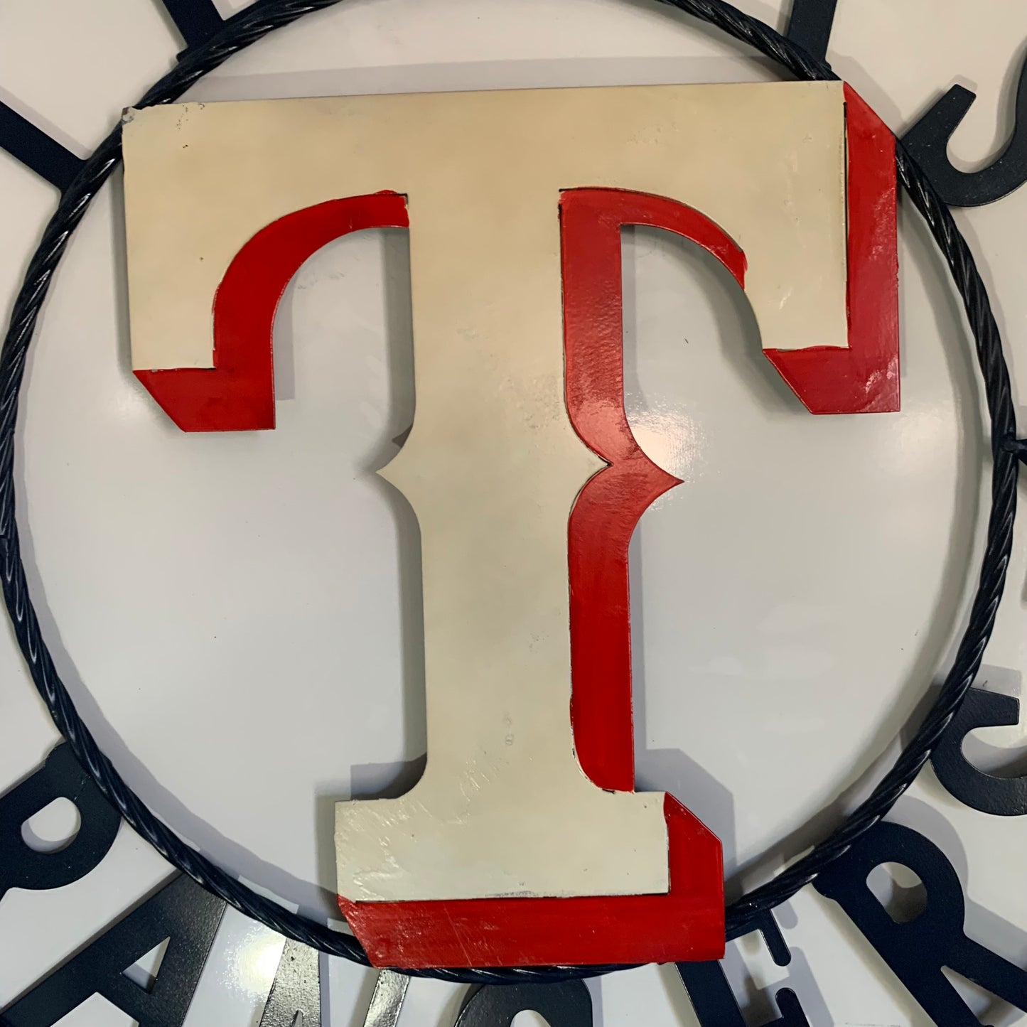 12", 18", 24", 32" TEXAS RANGERS BARN CUSTOM METAL VINTAGE CRAFT SIGN TEAM  WHITE & RED & NAVY BLUE RING & STAR HANDMADE