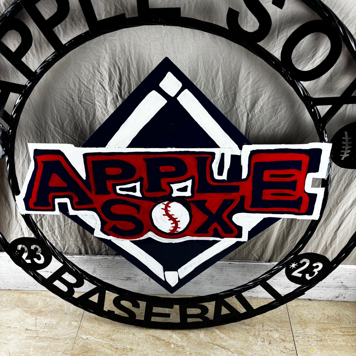 APPLE SOX BASEBALL CUSTOM METAL VINTAGE CRAFT SIGN TEAM NAVY BLUE WHITE RED HANDMADE