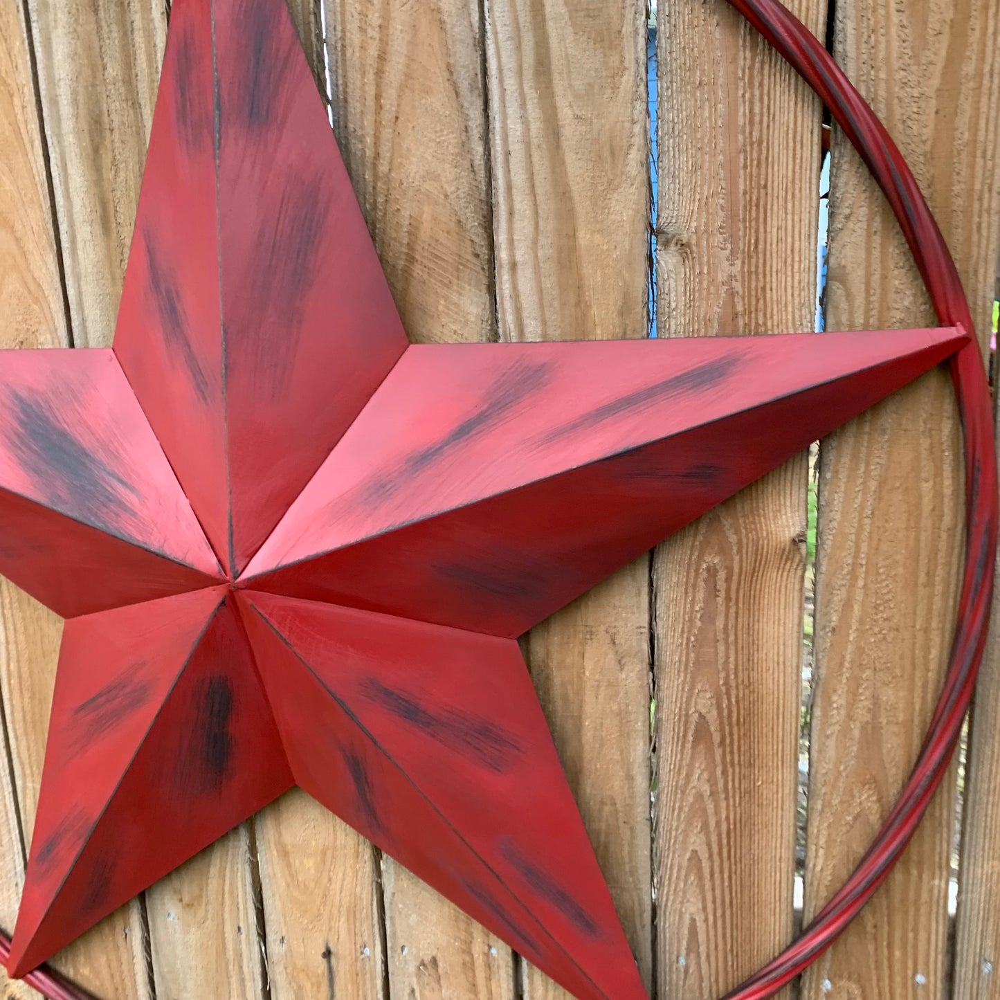 RED DISTRESSED STAR TWO TONE TEXTURE BARN STAR METAL LONESTAR TWISTED ROPE RING WESTERN HOME DECOR HANDMADE NEW #EH12958