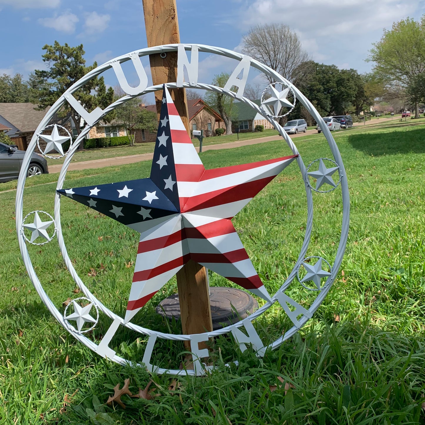 LUNA STYLE CUSTOM NAME BARN STAR METAL STAR 3d TWISTED ROPE RING WESTERN HOME DECOR USA FLAG STAR RED WHOTE & BLUE WITH WHITE RING HANDMADE 24",32",36",50"