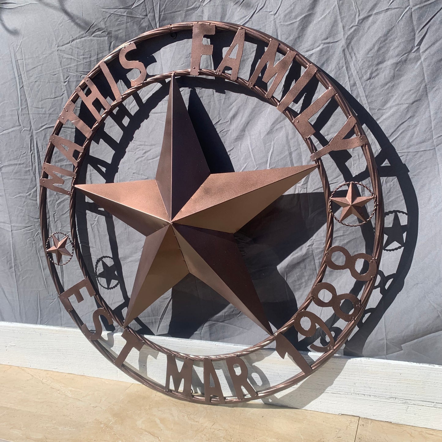 MATHIS STYLE CUSTOM NAME STAR BARN STAR 3d METAL LONESTAR TWISTED ROPE RING WESTERN HOME DECOR RUSTIC BRONZE COPPER HANDMADE 24",32",36",50"