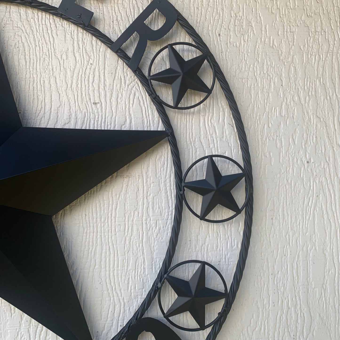 YANKER STYLE CUSTOM NAME STAR BARN METAL STAR 3d TWISTED ROPE RING WESTERN HOME DECOR RUSTIC BLACK HANDMADE 24",32",36",50"