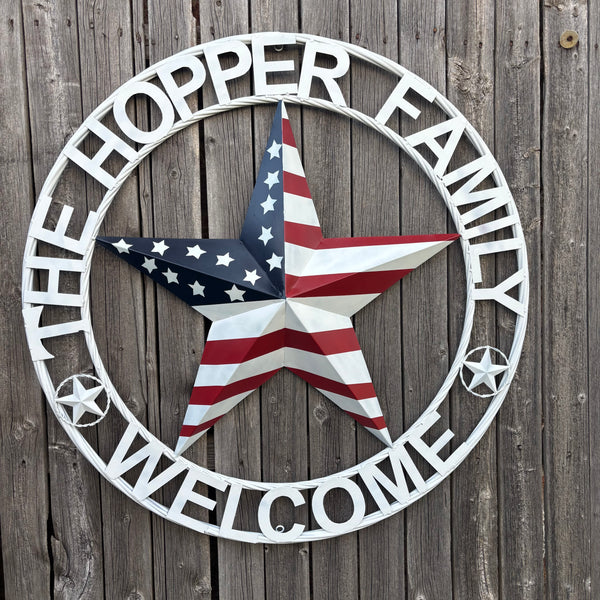 HOPPER STYLE YOUR CUSTOM NAME STAR METAL BARN 3d RED WHITE BLUE USA FLAG WITH WHITE TWIST ROPE RING WESTERN HOME DECOR HANDMADE, 24",36",40"