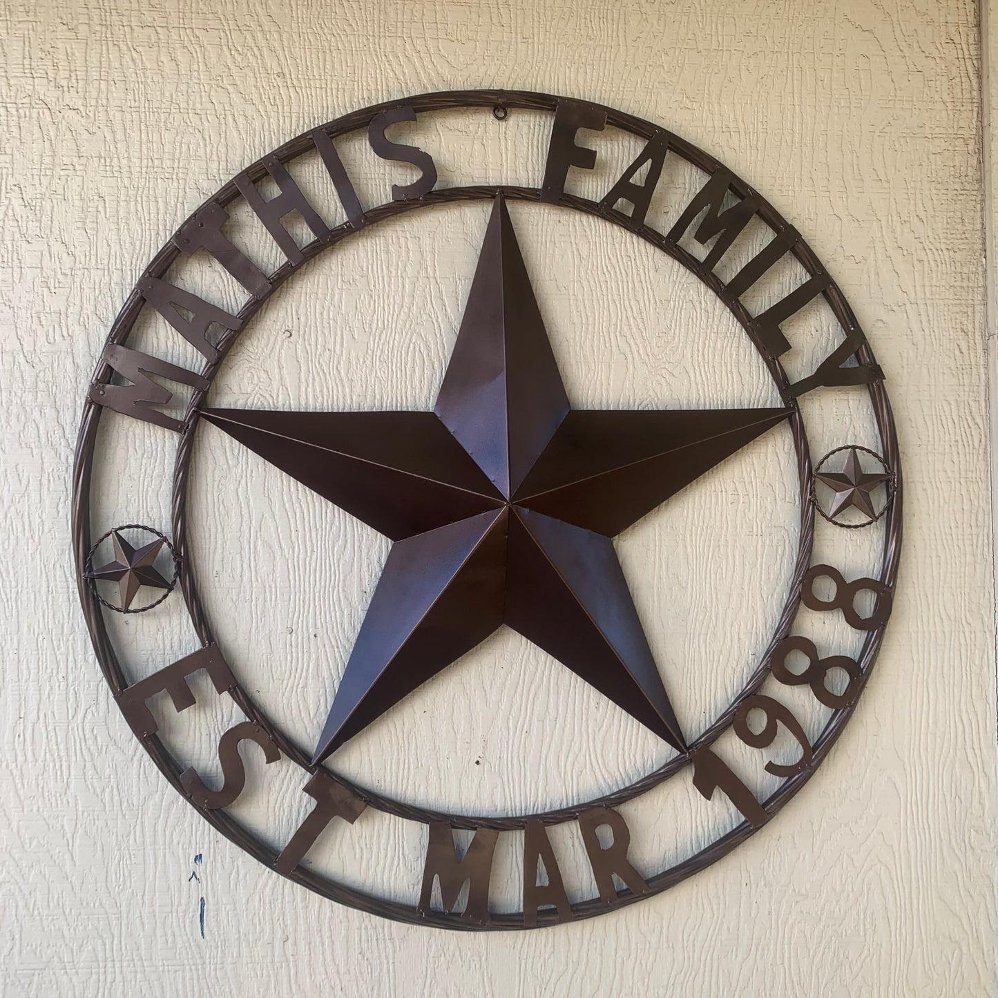 MATHIS STYLE CUSTOM STAR NAME BARN STAR METAL 3d STAR TWISTED ROPE RING WESTERN HOME DECOR RUSTIC BRONZE HANDMADE 24",32",36",50"