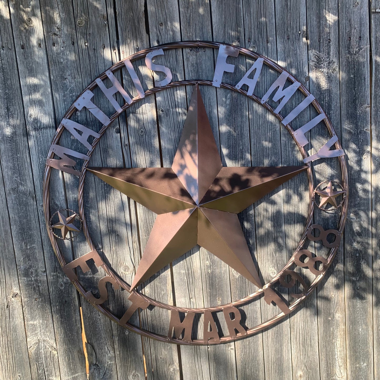 MATHIS STYLE CUSTOM NAME STAR BARN STAR 3d METAL LONESTAR TWISTED ROPE RING WESTERN HOME DECOR RUSTIC BRONZE COPPER HANDMADE 24",32",36",50"