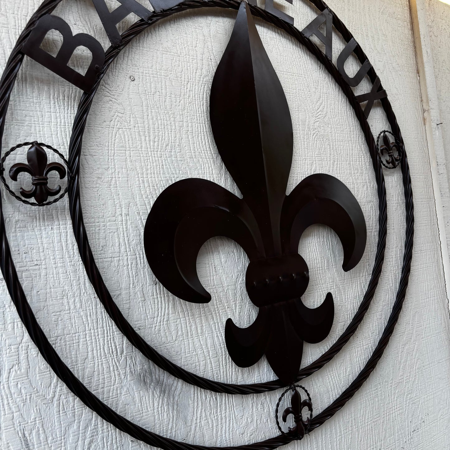 BABINEAUX STYLE YOUR CUSTOM NAME FLEUR DE LIS BROWN METAL TWISTED ROPE RING SIGN WALL ART WESTERN HOME DECOR HANDMADE 24", 32", 36"