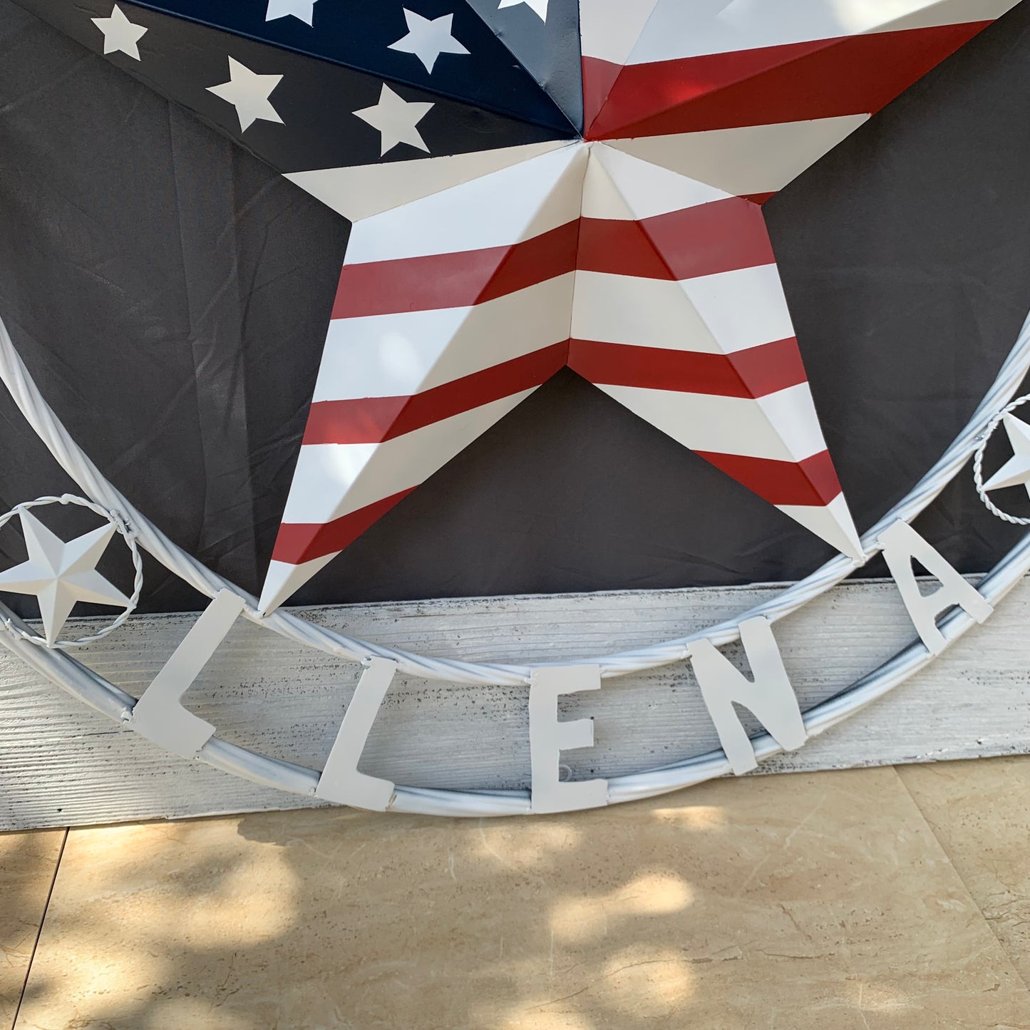 LUNA STYLE CUSTOM NAME BARN STAR METAL STAR 3d TWISTED ROPE RING WESTERN HOME DECOR USA FLAG STAR RED WHOTE & BLUE WITH WHITE RING HANDMADE 24",32",36",50"