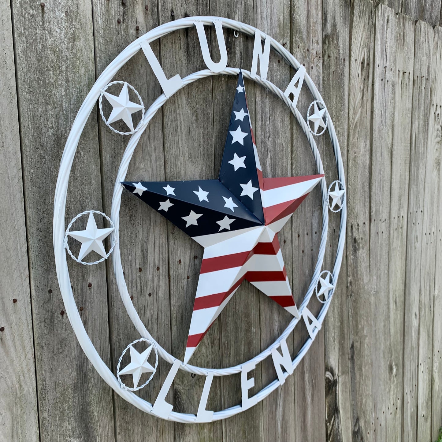 LUNA STYLE CUSTOM NAME BARN STAR METAL STAR 3d TWISTED ROPE RING WESTERN HOME DECOR USA FLAG STAR RED WHOTE & BLUE WITH WHITE RING HANDMADE 24",32",36",50"