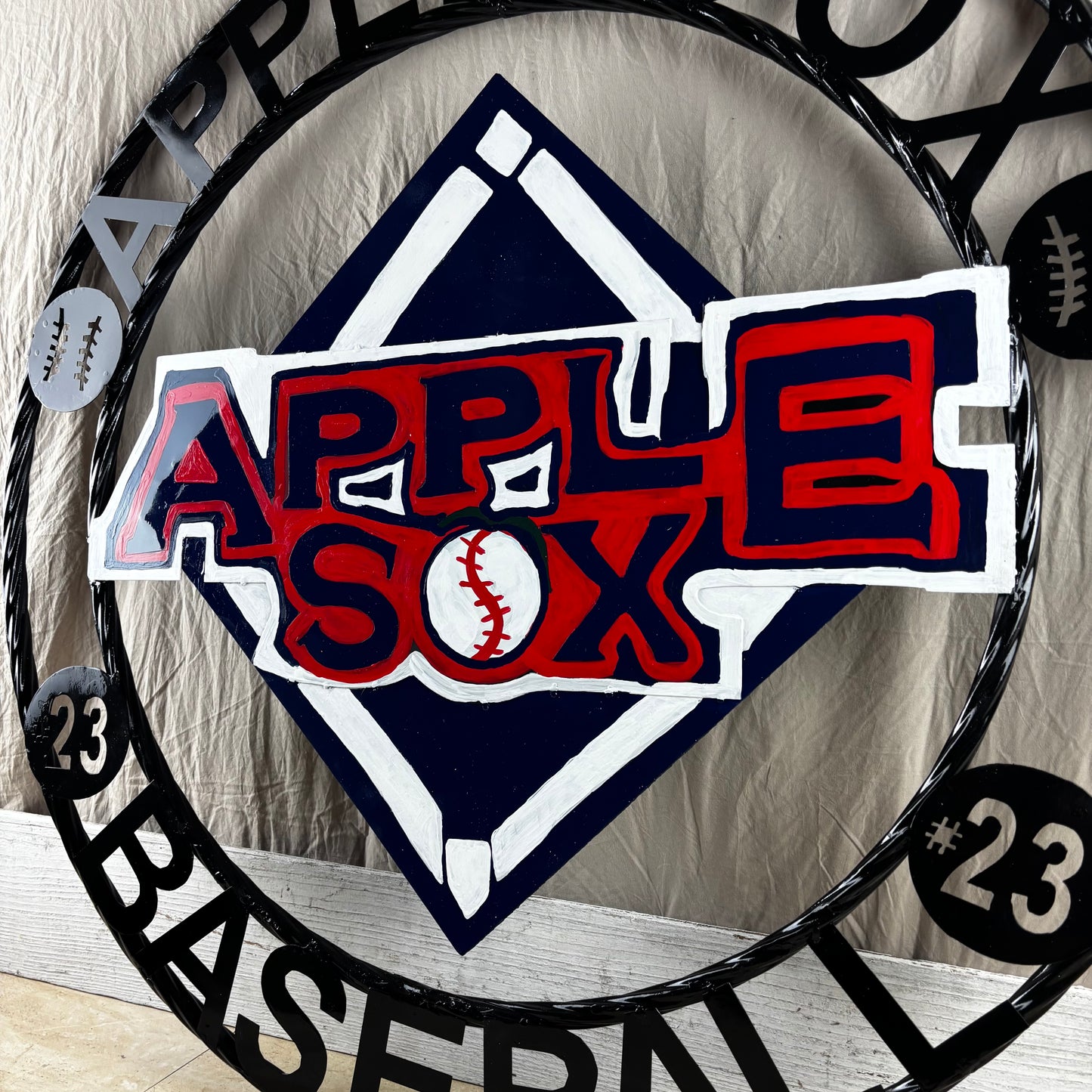 APPLE SOX BASEBALL CUSTOM METAL VINTAGE CRAFT SIGN TEAM NAVY BLUE WHITE RED HANDMADE