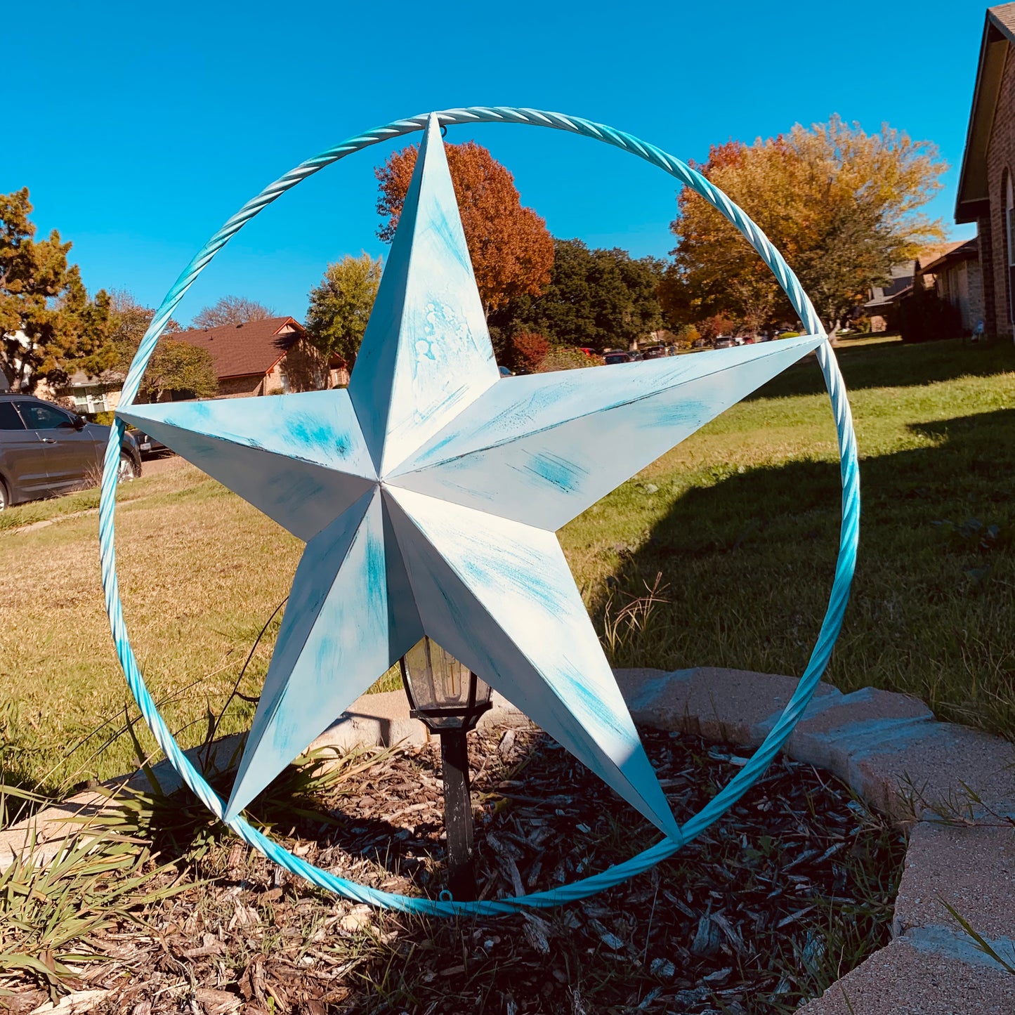 #EH11219 TURQUOISE WHITE DISTRESSED STAR TWO TONE TEXTURE BARN STAR METAL LONESTAR TWISTED ROPE RING WESTERN HOME DECOR HANDMADE NEW