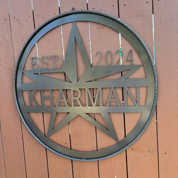 30" KHARMAN CUSTOM NAME SIGN LASERCUT CUSTOM METAL VINTAGE CRAFT SIGN WITH TWISTED ROPE RING WESTERN HOME DECOR HANDMADE NEW