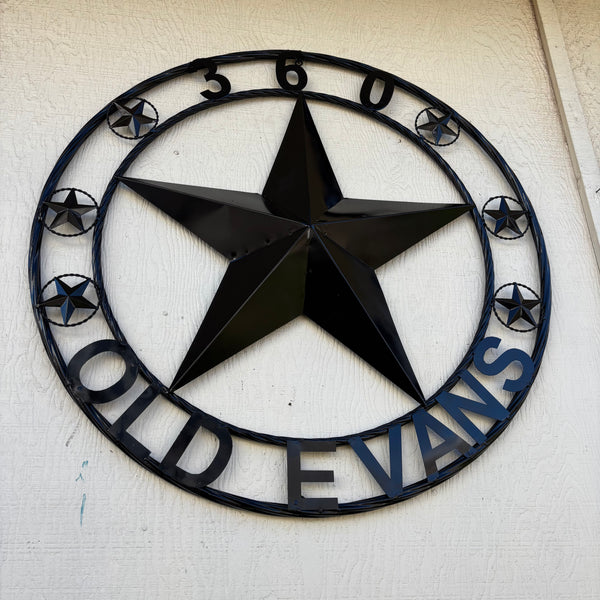 360 OLD EVANS STYLE CUSTOM STAR NAME BARN METAL STAR 3d TWISTED ROPE RING WESTERN HOME DECOR RUSTIC BLACK HANDMADE 24",32",36",50"