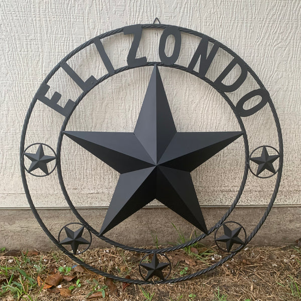 ELIZONDO STYLE CUSTOM NAME STAR BARN METAL STAR 3d TWISTED ROPE RING WESTERN HOME DECOR RUSTIC BLACK HANDMADE 24",32",36",50"