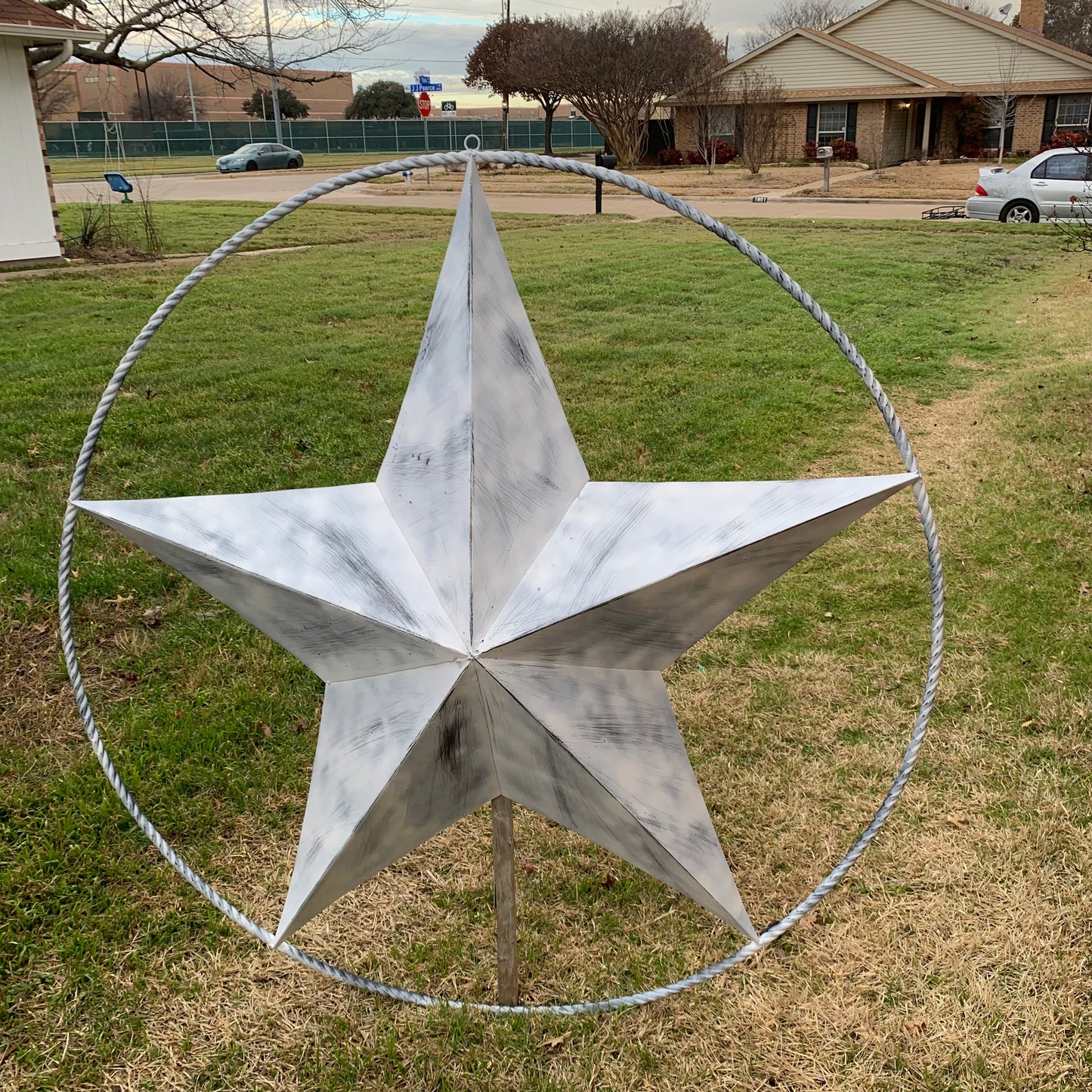 5 FOOT WHITE DISTRESSED STAR TWO TONE TEXTURE BARN STAR METAL LONESTAR TWISTED ROPE RING WESTERN HOME DECOR HANDMADE NEW