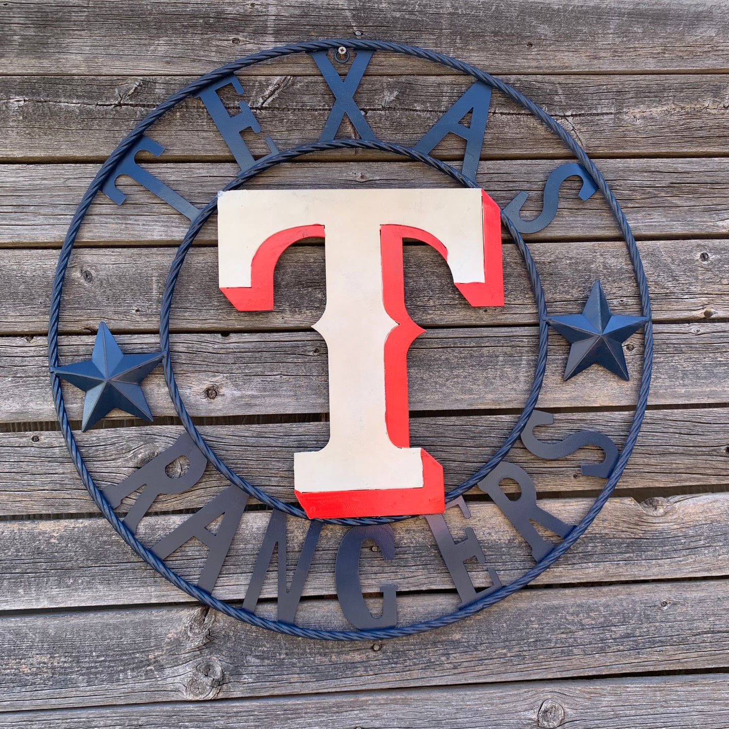 12", 18", 24", 32" TEXAS RANGERS BARN CUSTOM METAL VINTAGE CRAFT SIGN TEAM  WHITE & RED & NAVY BLUE RING & STAR HANDMADE