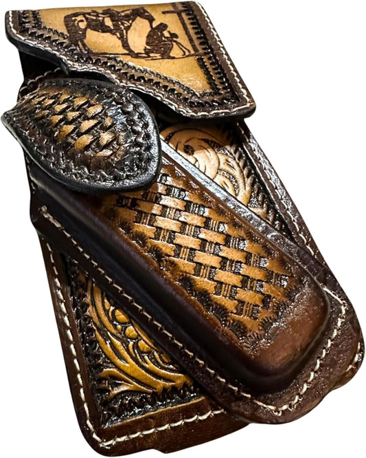COWBOY PRAYER LEATHER HOLSTER PHONE POUCH WITH KNIFE HOLDER FRONT EXTRA LARGE  BELT LOOP CELL PHONE CASE UNIVERSAL OVERSIZE #EH12974