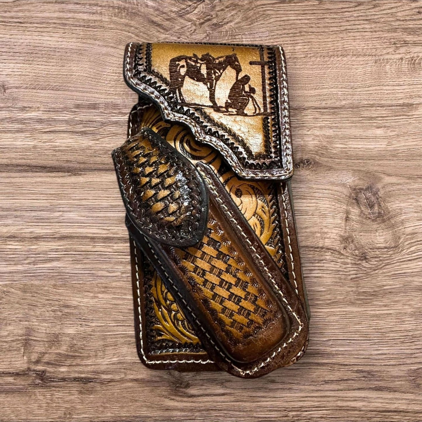 COWBOY PRAYER LEATHER HOLSTER PHONE POUCH WITH KNIFE HOLDER FRONT EXTRA LARGE  BELT LOOP CELL PHONE CASE UNIVERSAL OVERSIZE #EH12974