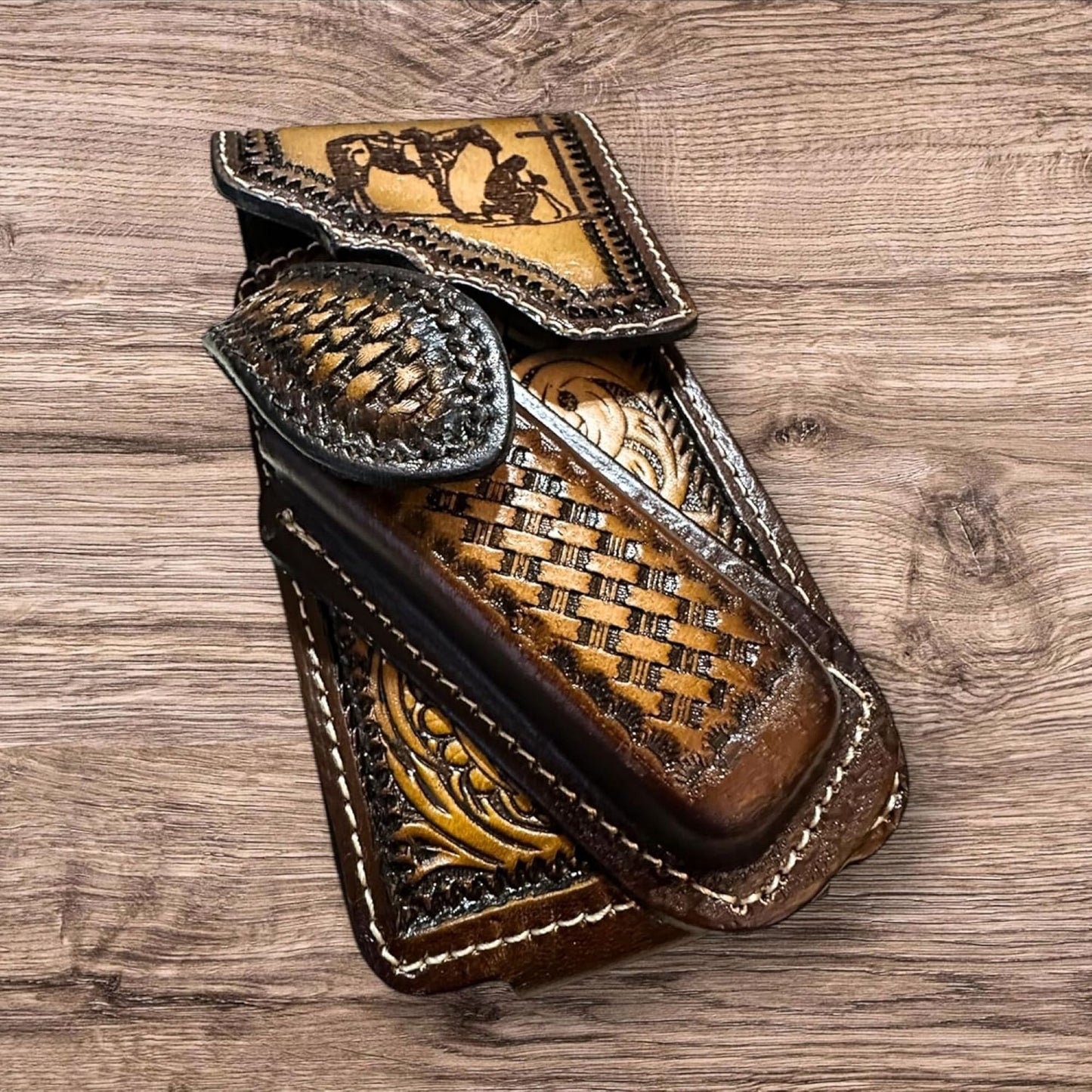 COWBOY PRAYER LEATHER HOLSTER PHONE POUCH WITH KNIFE HOLDER FRONT EXTRA LARGE  BELT LOOP CELL PHONE CASE UNIVERSAL OVERSIZE #EH12974