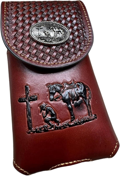 7" COWBOYS PRAYER BROWN EMBOSSED LEATHER POUCH EXTRA LARGE  BELT LOOP HOLSTER CELL PHONE CASE UNIVERSAL OVERSIZE #EH12708--FREE SHIPPING