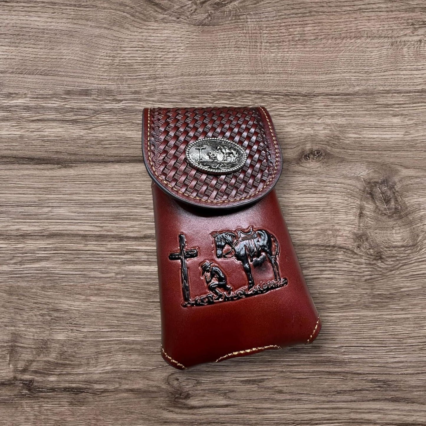 7" COWBOYS PRAYER BROWN EMBOSSED LEATHER POUCH EXTRA LARGE  BELT LOOP HOLSTER CELL PHONE CASE UNIVERSAL OVERSIZE #EH12708--FREE SHIPPING