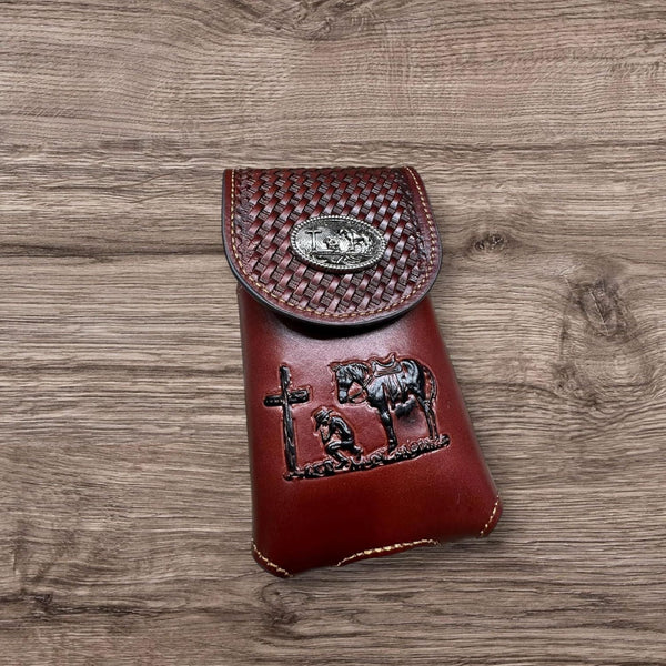 7" COWBOYS PRAYER BROWN EMBOSSED LEATHER POUCH EXTRA LARGE  BELT LOOP HOLSTER CELL PHONE CASE UNIVERSAL OVERSIZE #EH12708--FREE SHIPPING