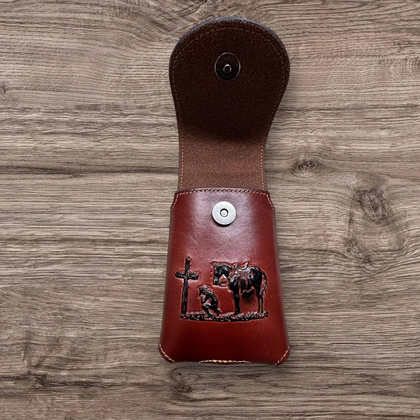7" COWBOYS PRAYER BROWN EMBOSSED LEATHER POUCH EXTRA LARGE  BELT LOOP HOLSTER CELL PHONE CASE UNIVERSAL OVERSIZE #EH12708--FREE SHIPPING