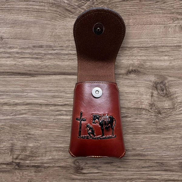 7" COWBOYS PRAYER BROWN EMBOSSED LEATHER POUCH EXTRA LARGE  BELT LOOP HOLSTER CELL PHONE CASE UNIVERSAL OVERSIZE #EH12708--FREE SHIPPING