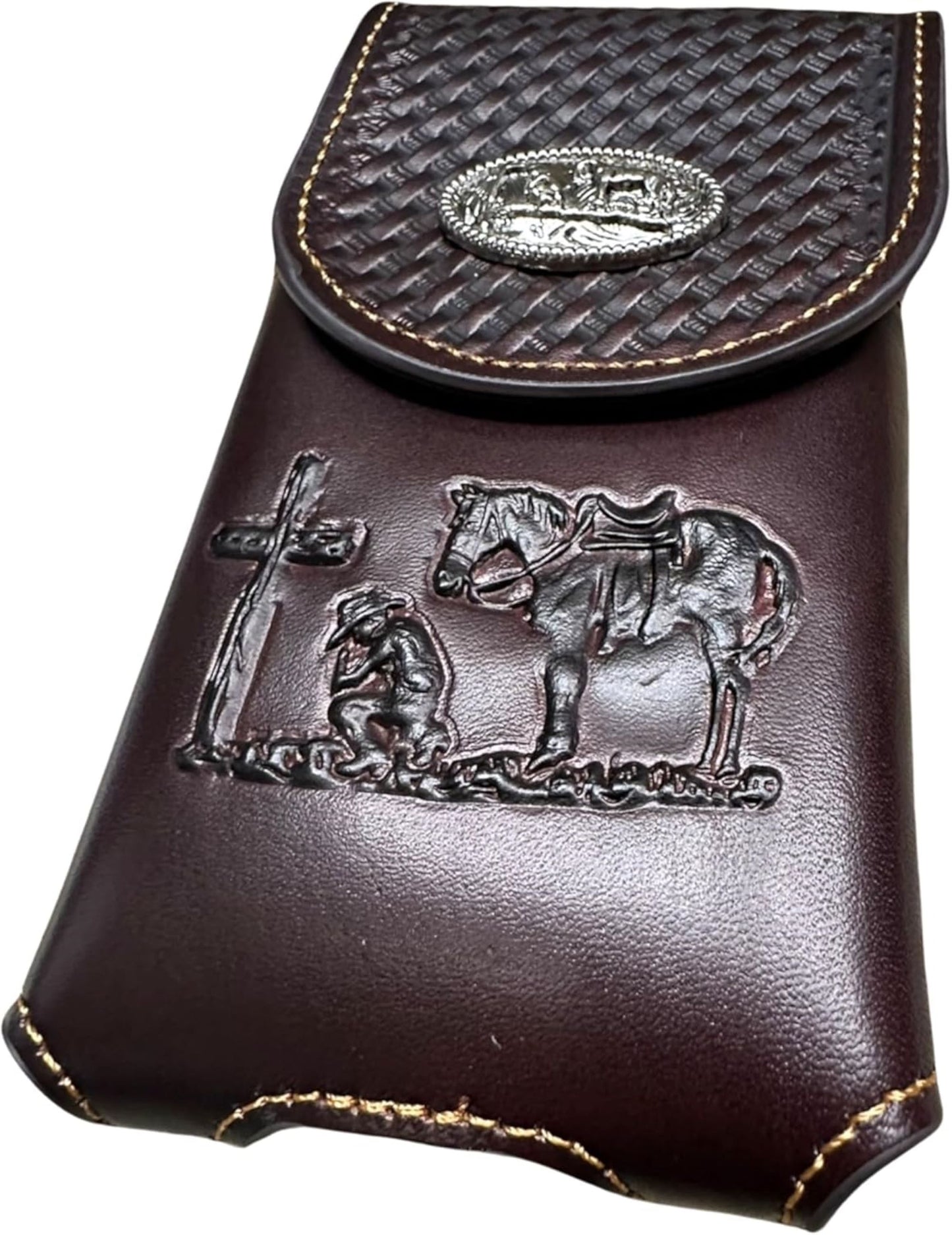 7" COWBOYS PRAYER BROWN EMBOSSED LEATHER POUCH EXTRA LARGE  BELT LOOP HOLSTER CELL PHONE CASE UNIVERSAL OVERSIZE #EH12708--FREE SHIPPING
