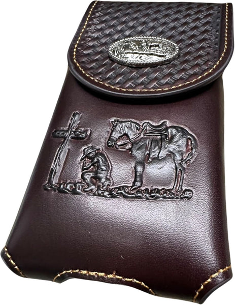 7" COWBOYS PRAYER BROWN EMBOSSED LEATHER POUCH EXTRA LARGE  BELT LOOP HOLSTER CELL PHONE CASE UNIVERSAL OVERSIZE #EH12708--FREE SHIPPING