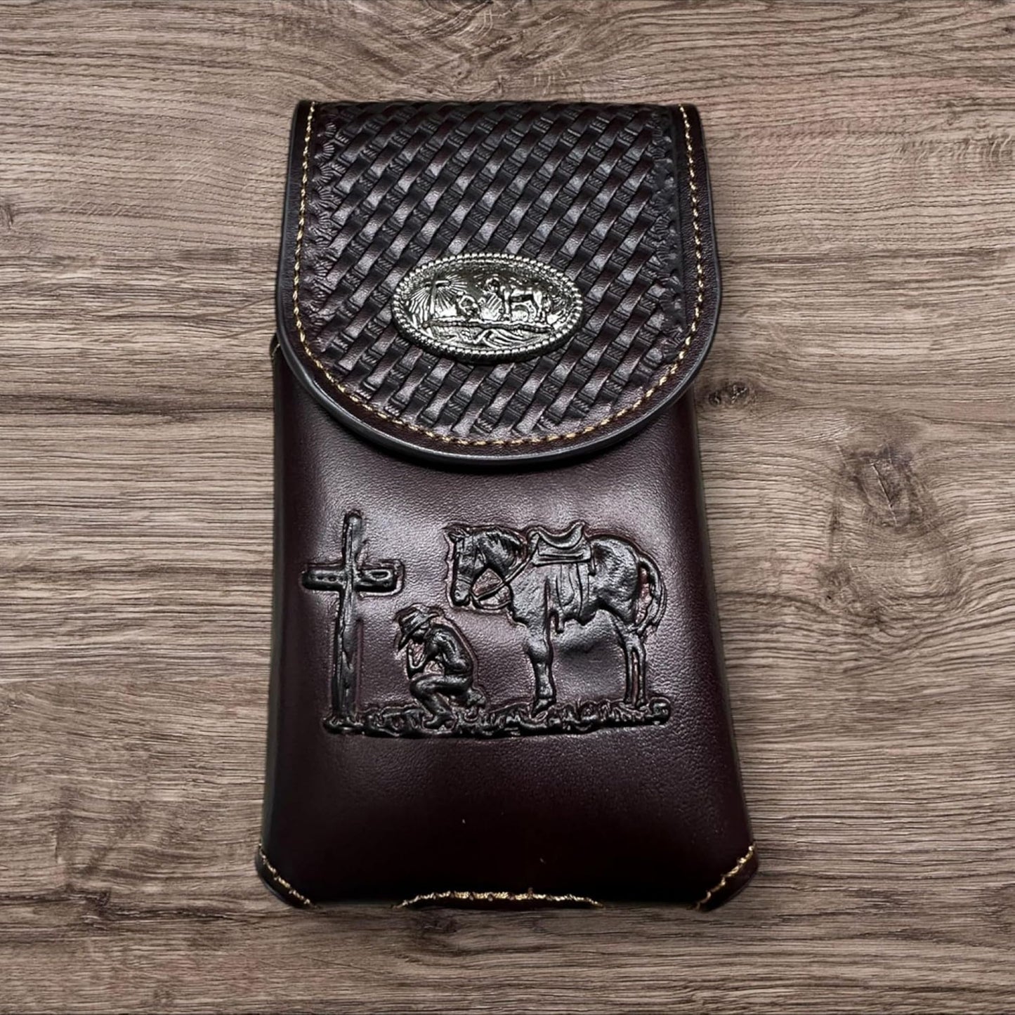 7" COWBOYS PRAYER BROWN EMBOSSED LEATHER POUCH EXTRA LARGE  BELT LOOP HOLSTER CELL PHONE CASE UNIVERSAL OVERSIZE #EH12708--FREE SHIPPING