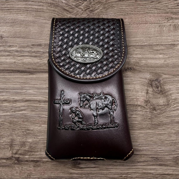 7" COWBOYS PRAYER BROWN EMBOSSED LEATHER POUCH EXTRA LARGE  BELT LOOP HOLSTER CELL PHONE CASE UNIVERSAL OVERSIZE #EH12708--FREE SHIPPING