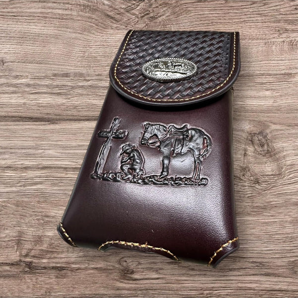 7" COWBOYS PRAYER BROWN EMBOSSED LEATHER POUCH EXTRA LARGE  BELT LOOP HOLSTER CELL PHONE CASE UNIVERSAL OVERSIZE #EH12708--FREE SHIPPING