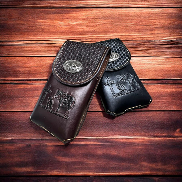 7" COWBOYS PRAYER BROWN EMBOSSED LEATHER POUCH EXTRA LARGE  BELT LOOP HOLSTER CELL PHONE CASE UNIVERSAL OVERSIZE #EH12708--FREE SHIPPING