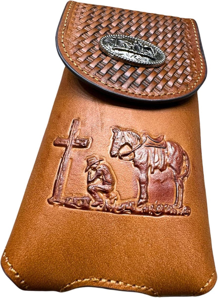 7" COWBOYS PRAYER BROWN EMBOSSED LEATHER POUCH EXTRA LARGE  BELT LOOP HOLSTER CELL PHONE CASE UNIVERSAL OVERSIZE #EH12708--FREE SHIPPING