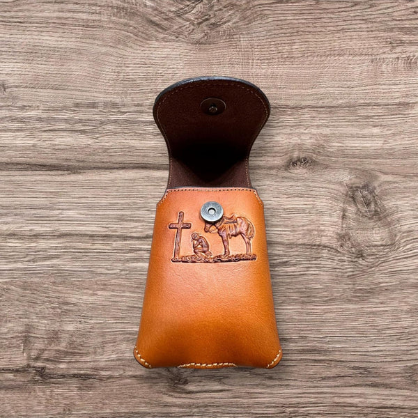 7" COWBOYS PRAYER BROWN EMBOSSED LEATHER POUCH EXTRA LARGE  BELT LOOP HOLSTER CELL PHONE CASE UNIVERSAL OVERSIZE #EH12708--FREE SHIPPING
