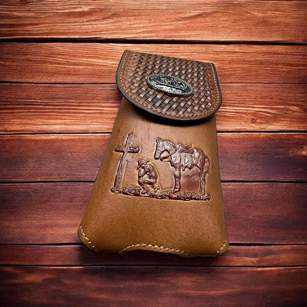 7" COWBOYS PRAYER BROWN EMBOSSED LEATHER POUCH EXTRA LARGE  BELT LOOP HOLSTER CELL PHONE CASE UNIVERSAL OVERSIZE #EH12708--FREE SHIPPING