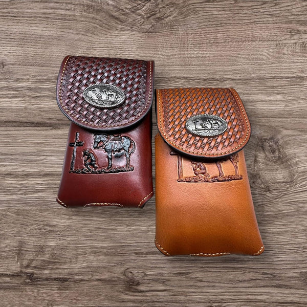 7" COWBOYS PRAYER BROWN EMBOSSED LEATHER POUCH EXTRA LARGE  BELT LOOP HOLSTER CELL PHONE CASE UNIVERSAL OVERSIZE #EH12708--FREE SHIPPING