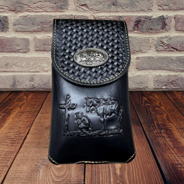7" COWBOYS PRAYER BROWN EMBOSSED LEATHER POUCH EXTRA LARGE  BELT LOOP HOLSTER CELL PHONE CASE UNIVERSAL OVERSIZE #EH12708--FREE SHIPPING