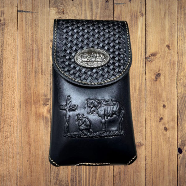 7" COWBOYS PRAYER BROWN EMBOSSED LEATHER POUCH EXTRA LARGE  BELT LOOP HOLSTER CELL PHONE CASE UNIVERSAL OVERSIZE #EH12708--FREE SHIPPING