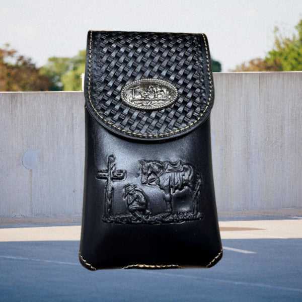 7" COWBOYS PRAYER BROWN EMBOSSED LEATHER POUCH EXTRA LARGE  BELT LOOP HOLSTER CELL PHONE CASE UNIVERSAL OVERSIZE #EH12708--FREE SHIPPING